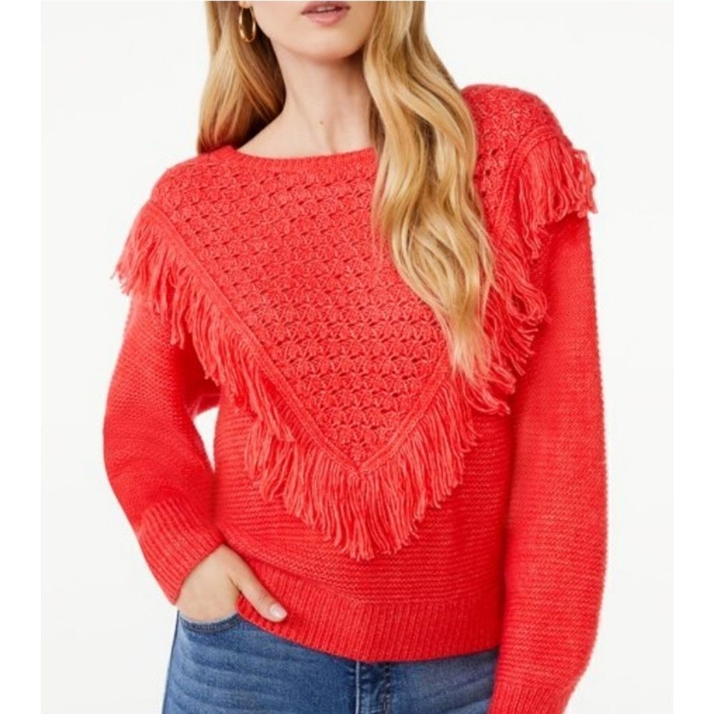 Scoop NYC NEW Women's Fringe Sweater Pullover color is dark salmon pink sz Large